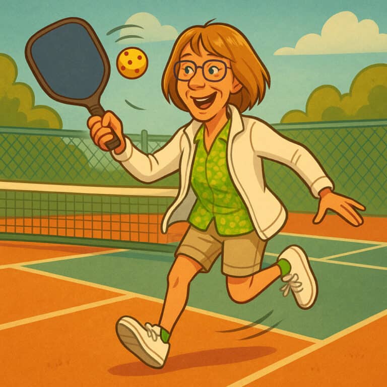 A woman wearing glasses and casual clothes plays pickleball on an outdoor court, smiling as she prepares to hit the ball with her paddle.