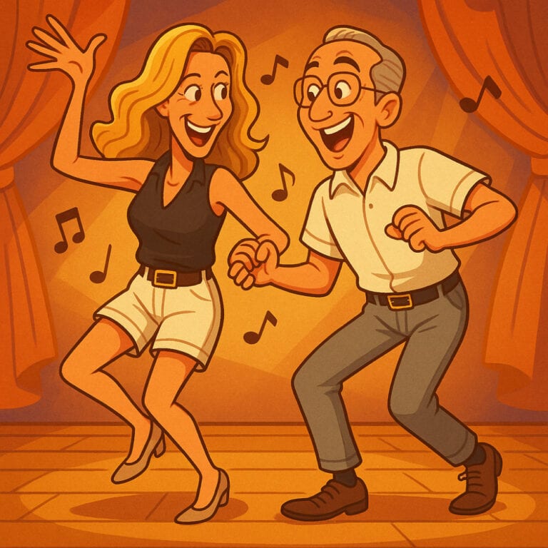 A smiling woman and man dance together on a stage with musical notes around them, both appearing energetic and joyful.