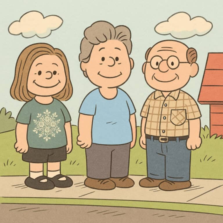 Three cartoon adults stand on a sidewalk outdoors, smiling, with grass, clouds, and part of a red-roofed house visible in the background.