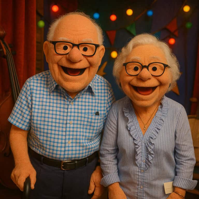 Two elderly puppets with glasses and white hair stand side by side, smiling, in front of colorful lights and festive decorations.