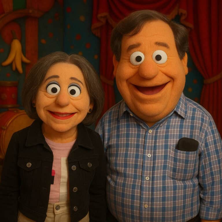 Two puppet characters with large eyes and wide smiles stand side by side; one wears a black jacket, the other a blue plaid shirt with a pocket. A colorful curtain and props are in the background.