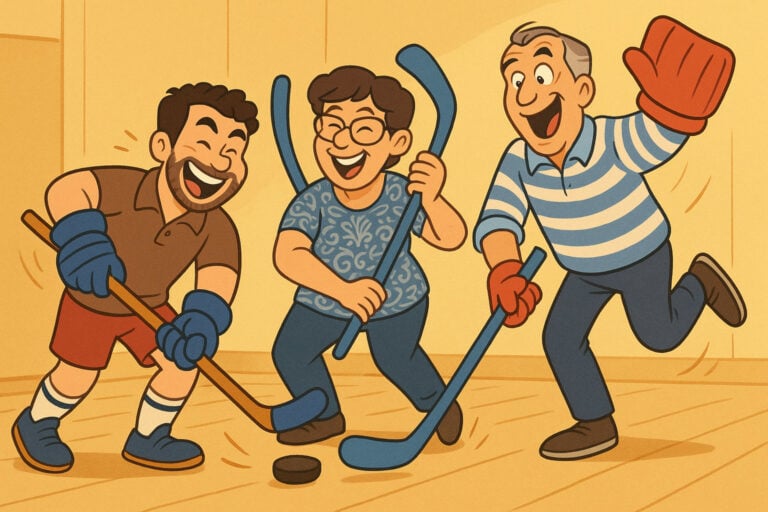 Three people indoors, smiling and playing hockey with sticks and a puck; one wears a glove and all are dressed casually.