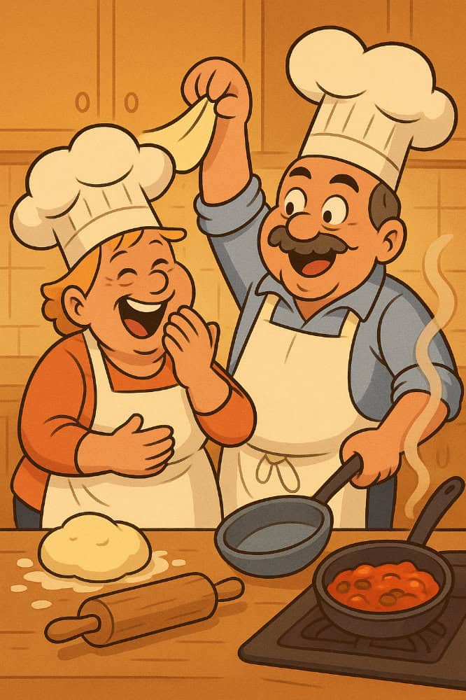 Two people in chef hats and aprons laugh together in a kitchen. One is stretching dough while the other cooks sauce in a pan on the stove. Dough and a rolling pin are on the counter.