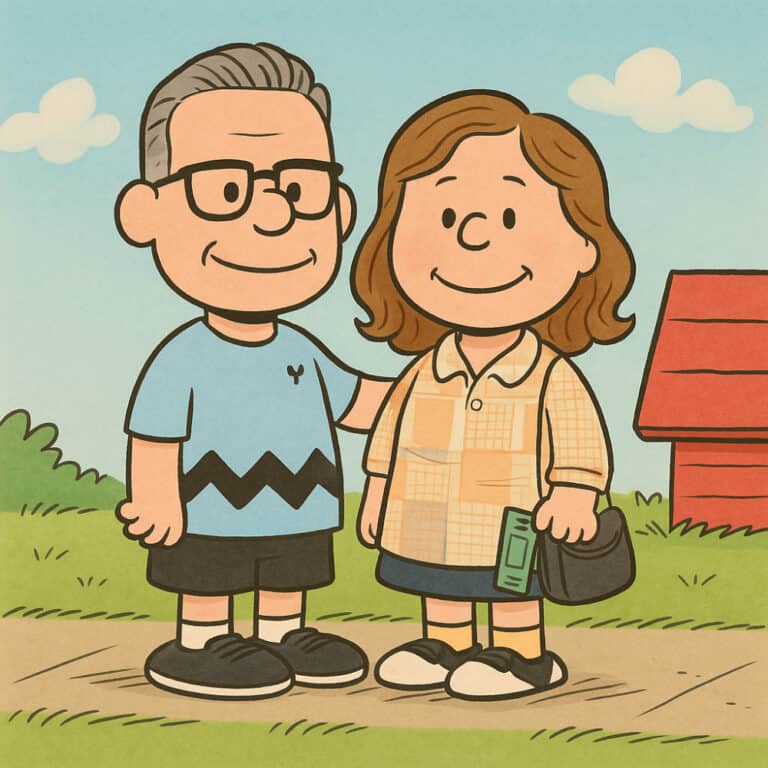 Two cartoon characters, styled like Peanuts characters, stand smiling on a sidewalk with grass, a red doghouse, and a blue sky in the background.
