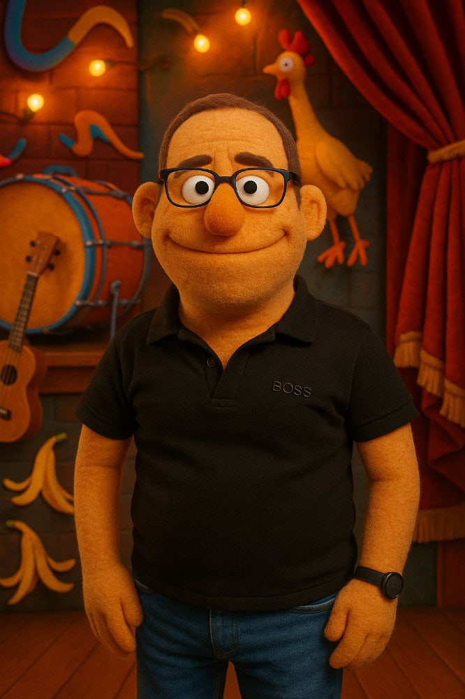 A Muppet-style puppet with glasses, a black polo shirt, and a black wristwatch stands on a stage with musical instruments, red curtains, and a rubber chicken in the background.